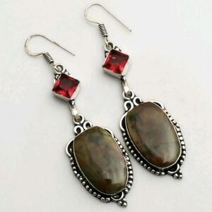 Rainforest Jasper (Rhyolite), Garnet Gemstone 925 Sterling Silver Earrings